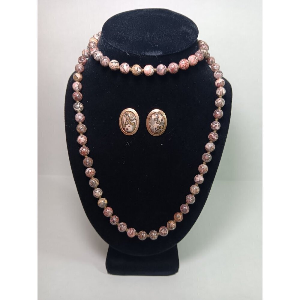 Vintage 16" Leopard Skin Jasper Stone Beaded Necklace And Earring Set